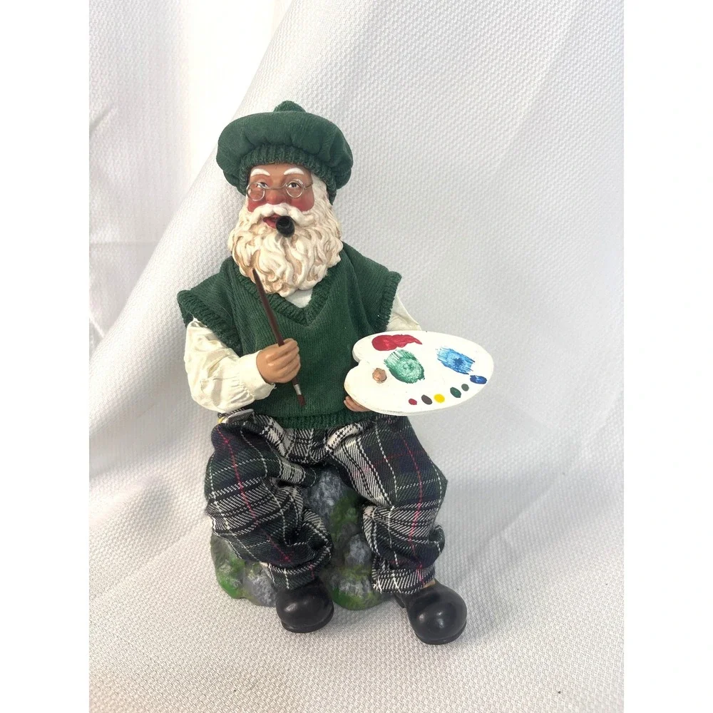 Musical Artist Santa Claus Figurine Painter with Palette Plaid Pants 10 Inch